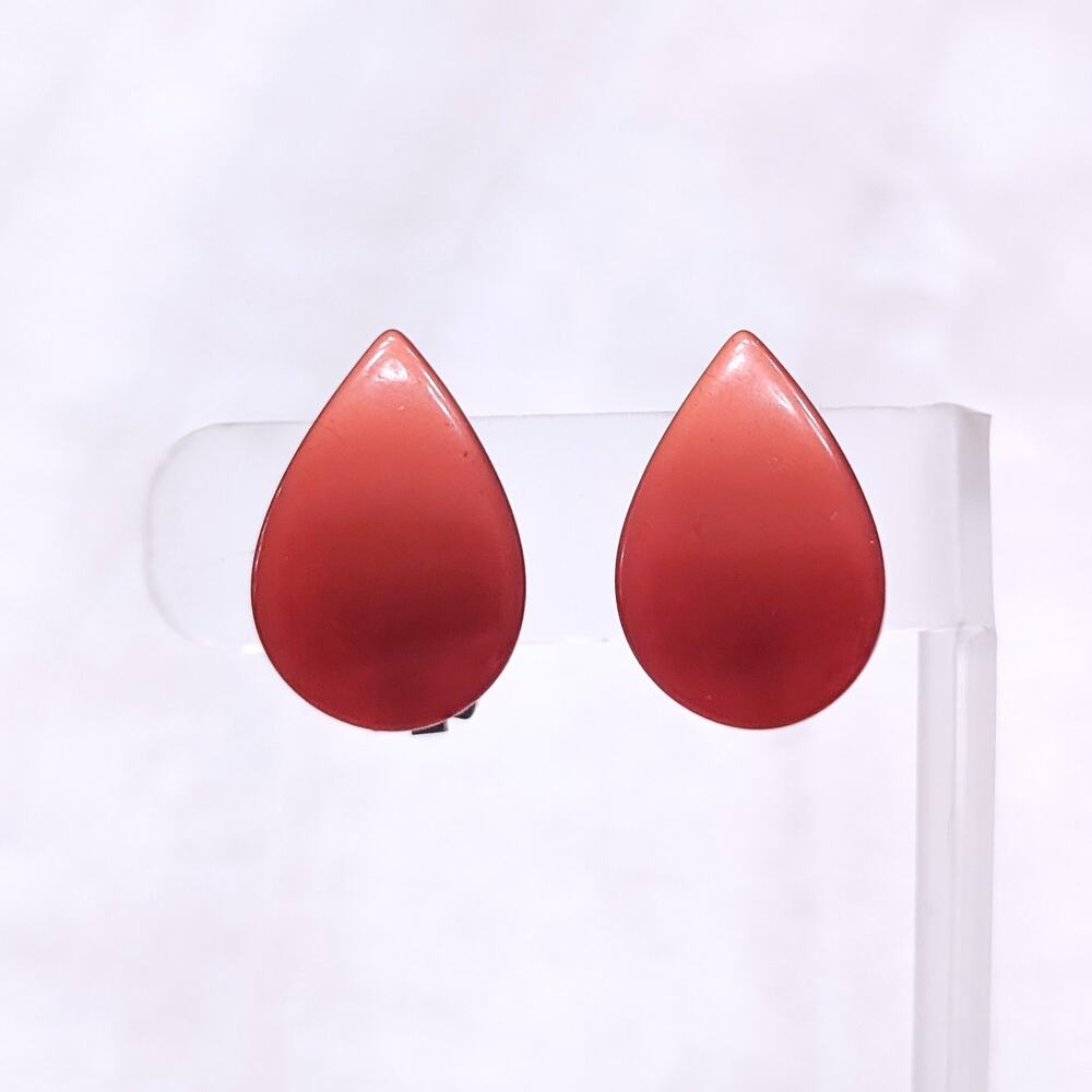 Vintage Clip On Earrings Red Teardrop Shape Retro - Just Over 1"